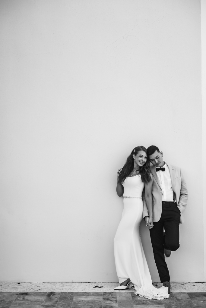 editorial black and white photo of a bride and groom on their wedding day in Mexico